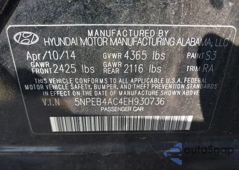 2014 Hyundai Sonata Gls z USA, uszkodzony, nr VIN 5NPEB4AC4EH930736